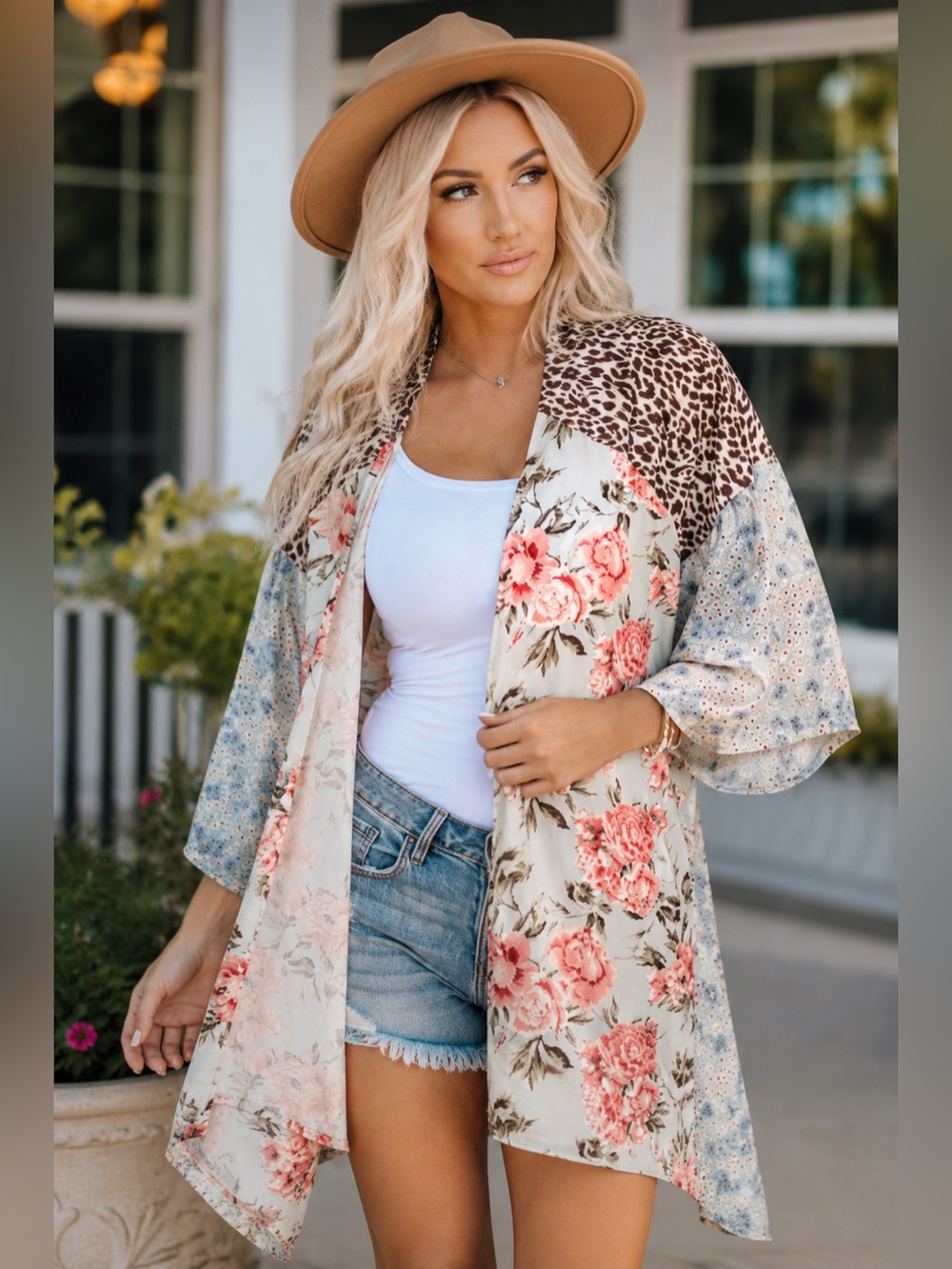 🩷. 507.   Women’s Mixed-Print Floral and Leopard Wide-Sleeve Kimono